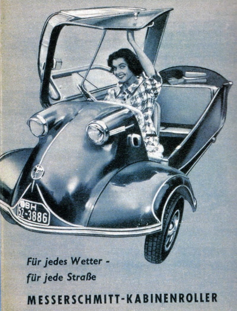 A period Messerschmitt Kabinenroller advertisement headed Fur jedes Wetter, fur jede Strasse, showing the canopy raised