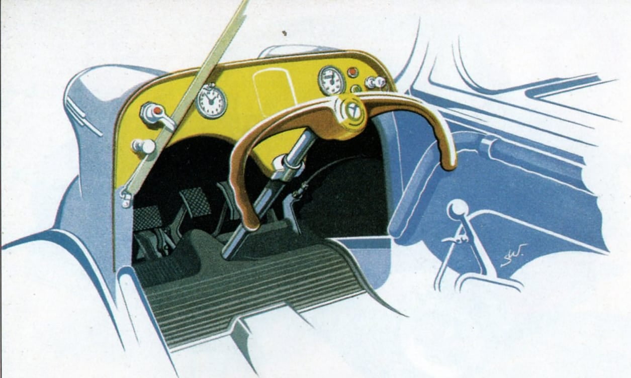 A period cutaway illustration of the Messerschmitt Kabinenroller interior showing the handlebar steering and pedals