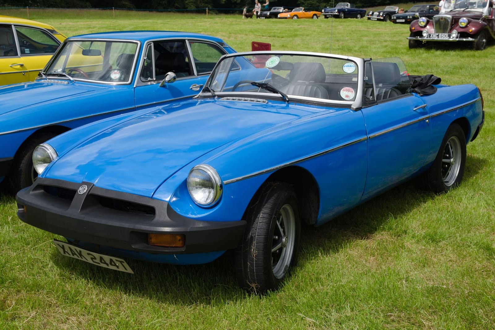 A bright blue 1978 rubber-bumper MG MGB roadster with its hood down on a show field, other classics behind