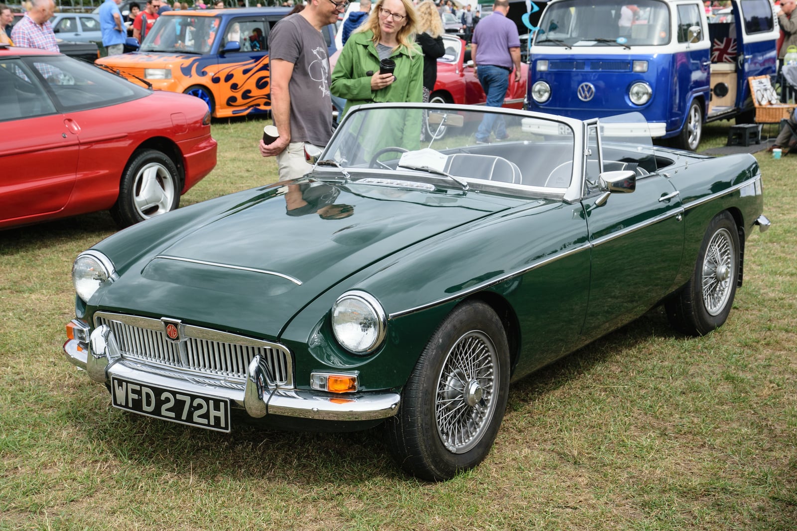 A green MG MGC roadster, front three-quarter view