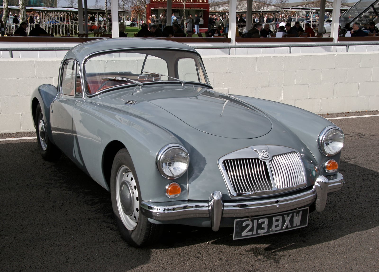 A pale grey MG MGA 1600 coupe, front three-quarter view