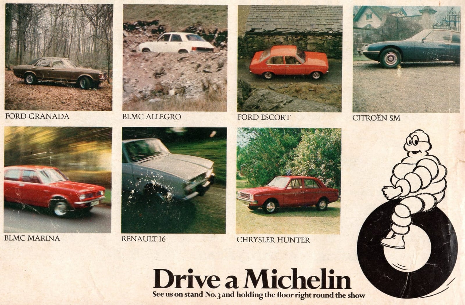 A 1976 Michelin tyre advertisement showing eight cars including a BLMC Allegro