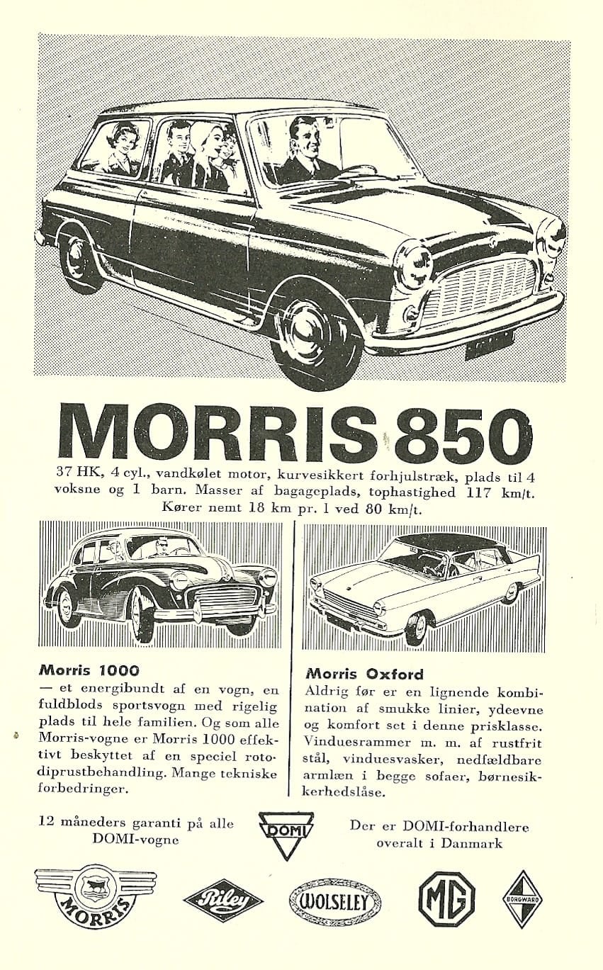 A Danish-language Morris brochure page showing the Morris 850 alongside the Morris 1000 and Oxford