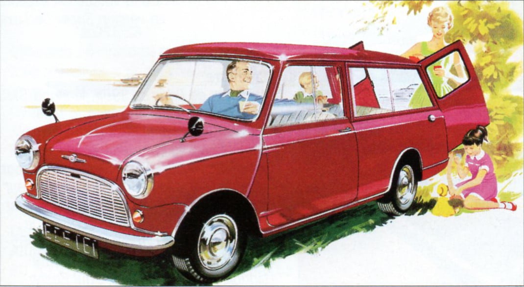 A period advertisement illustration of a red Morris Mini Traveller