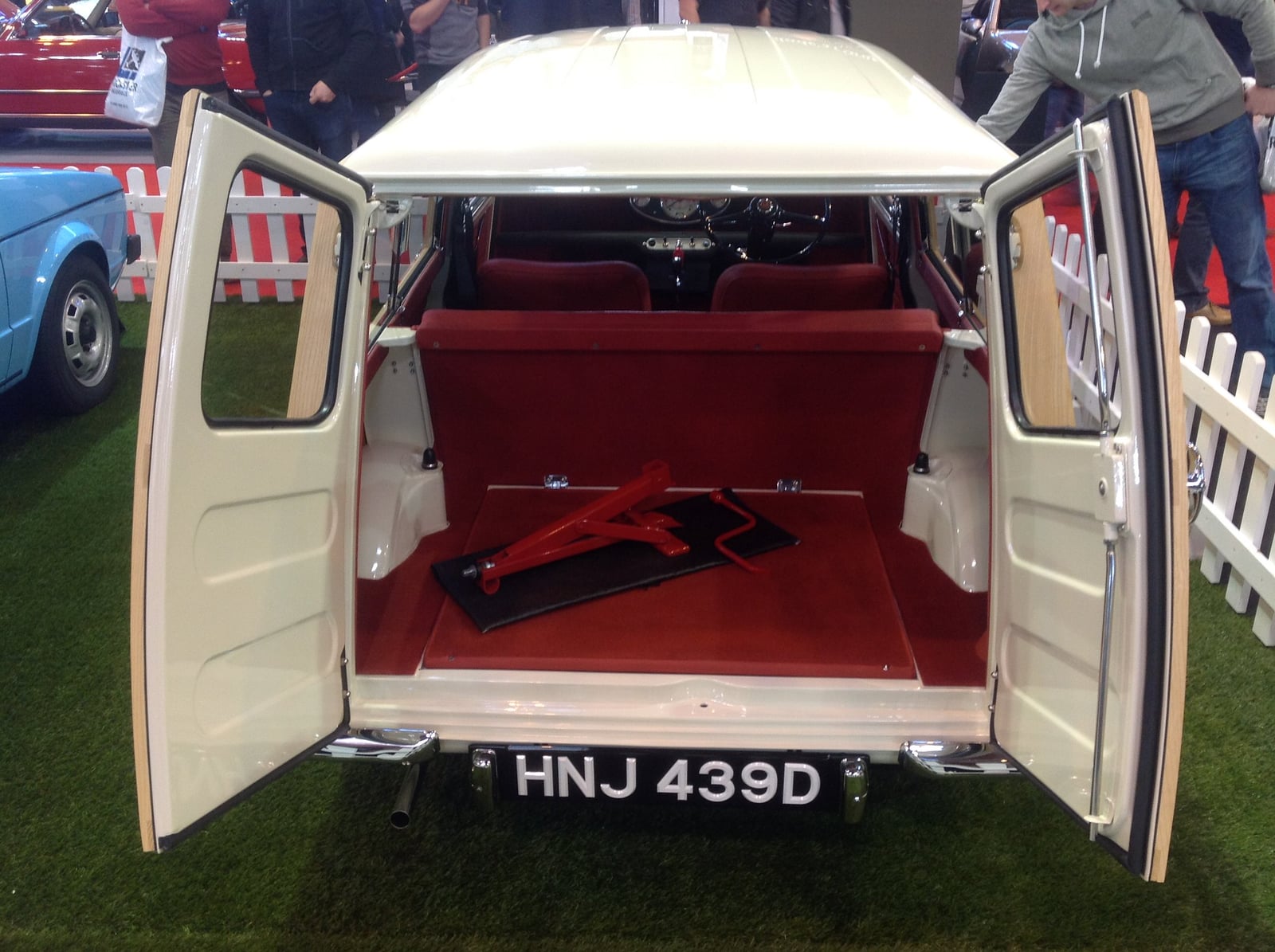 The open rear doors and load area of a Mini Traveller