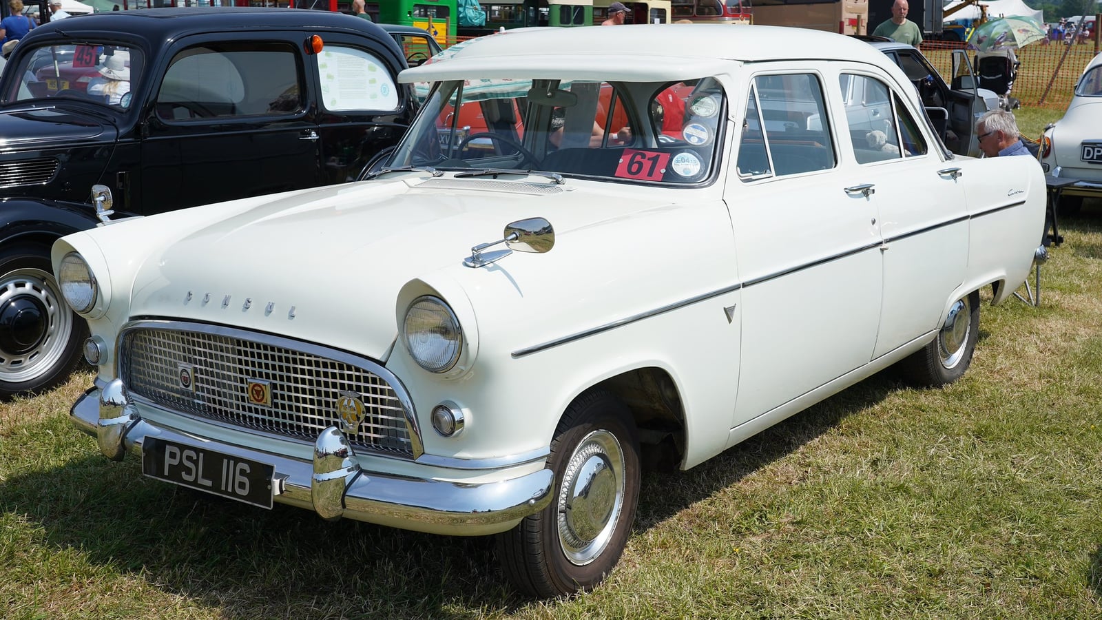 A cream Ford Consul Mk2 Highline saloon at a show