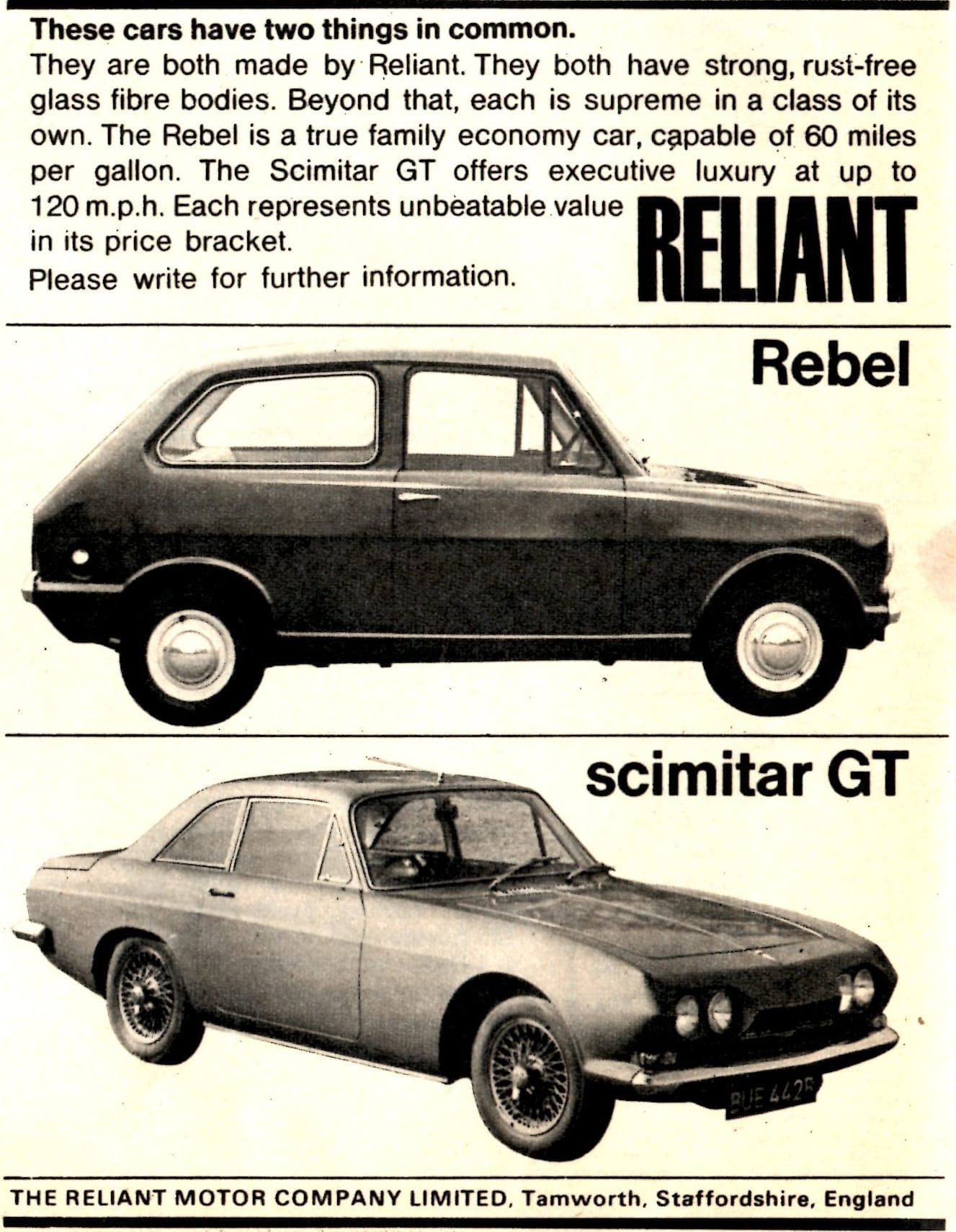 A period Reliant advertisement showing the Rebel and Scimitar GT together as glassfibre stablemates