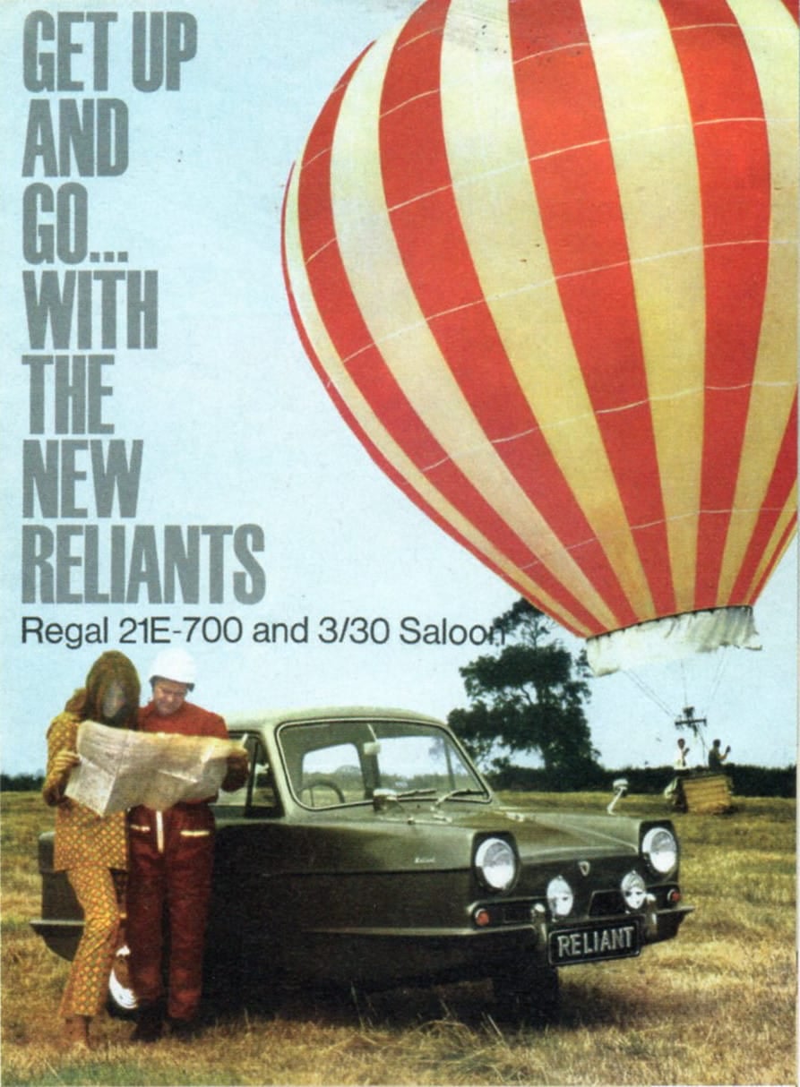 A period Reliant brochure cover headed Get up and go with the new Reliants, showing a Regal beneath a hot-air balloon