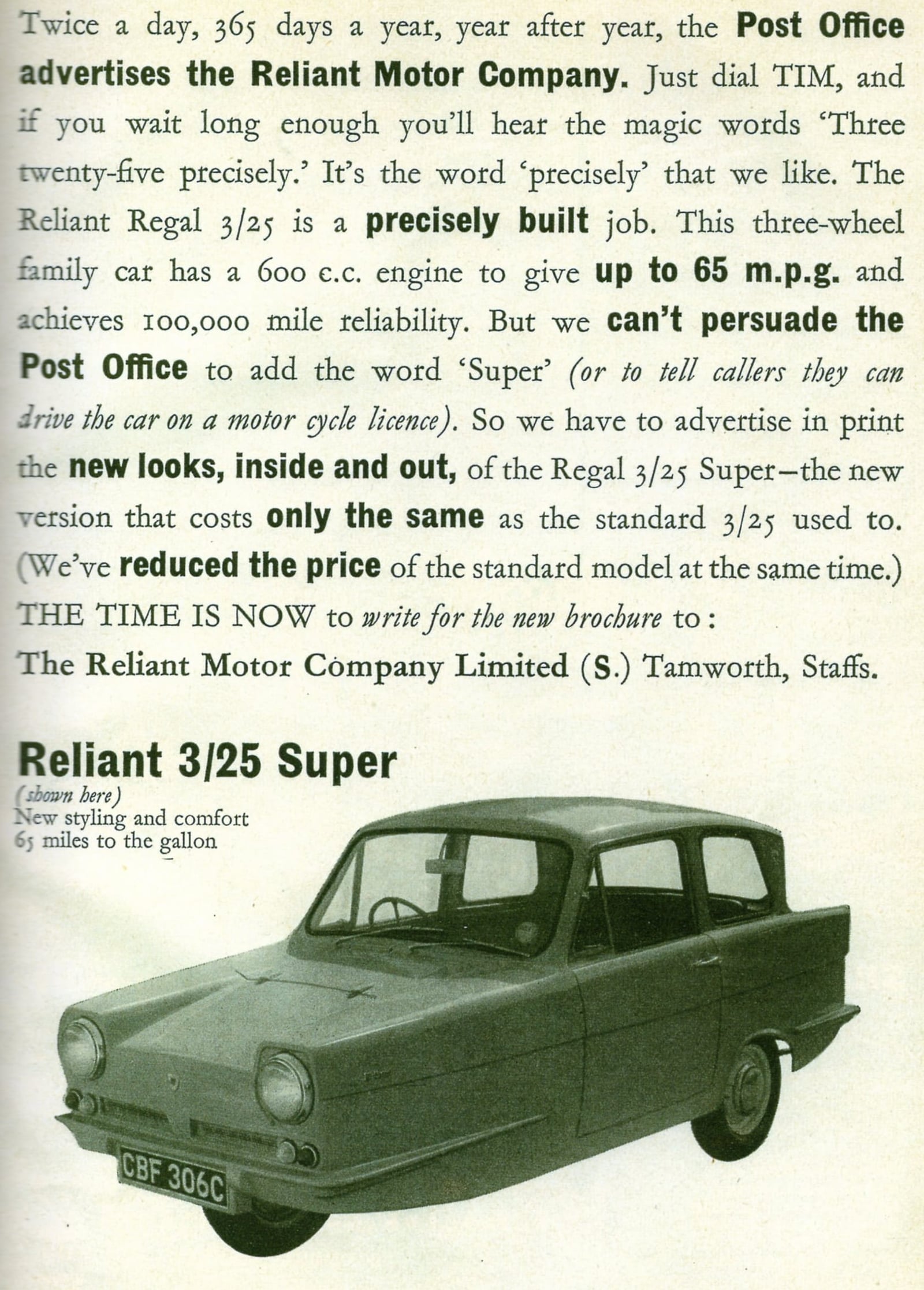A period Reliant advertisement for the Regal 3/25 Super, noting the Post Office's daily use of the model