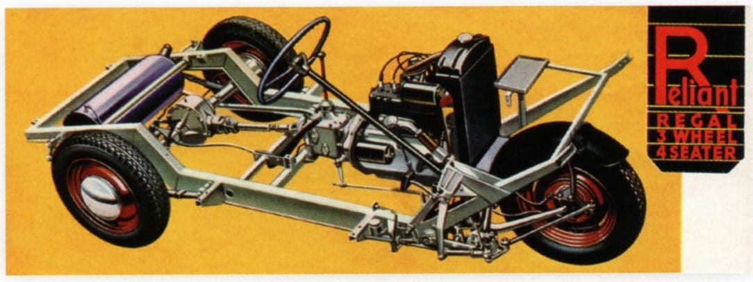 A period Reliant cutaway illustration showing the Regal three-wheel chassis, engine and suspension
