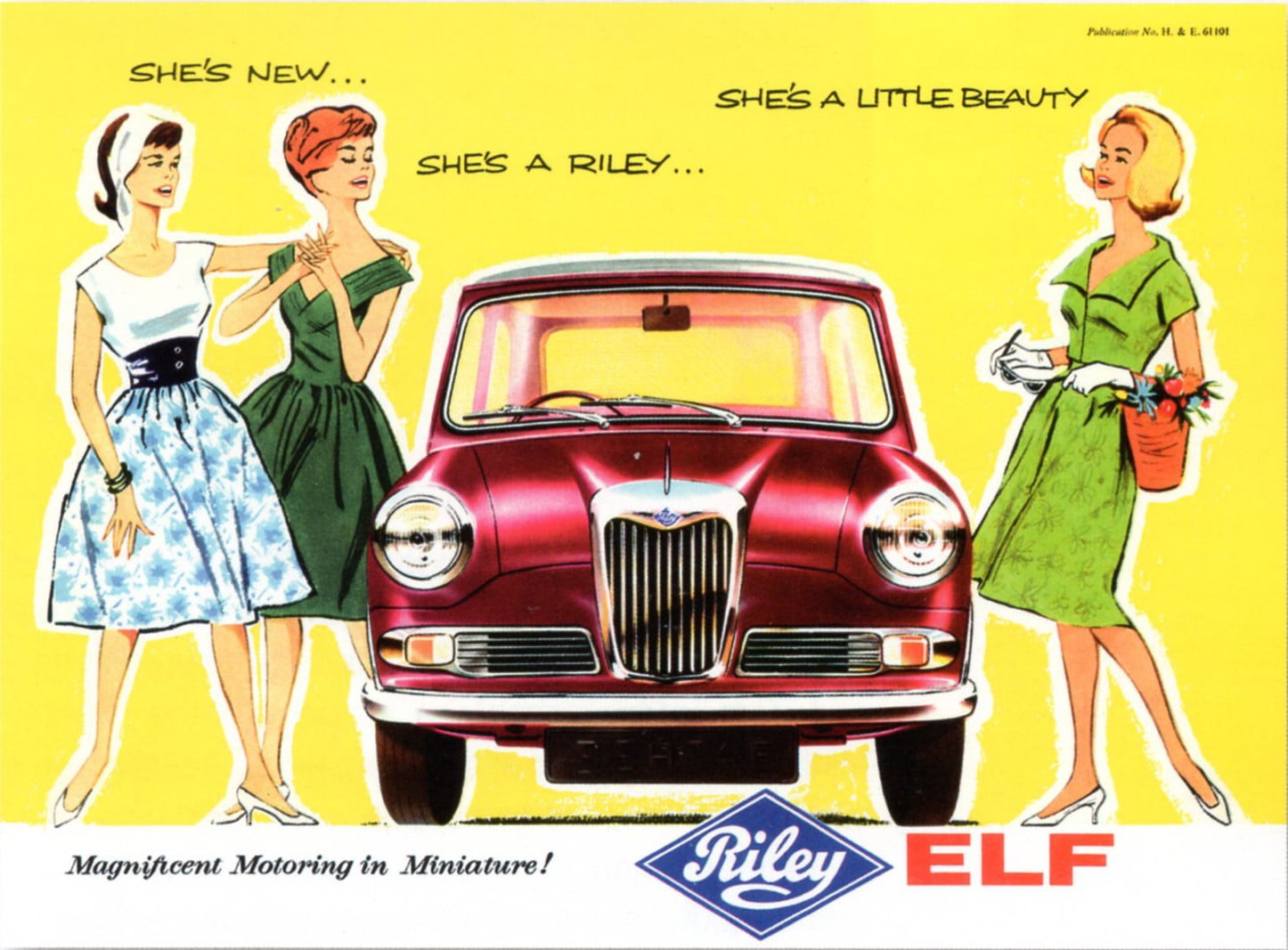 A period Riley Elf advertisement with 1950s fashion illustrations