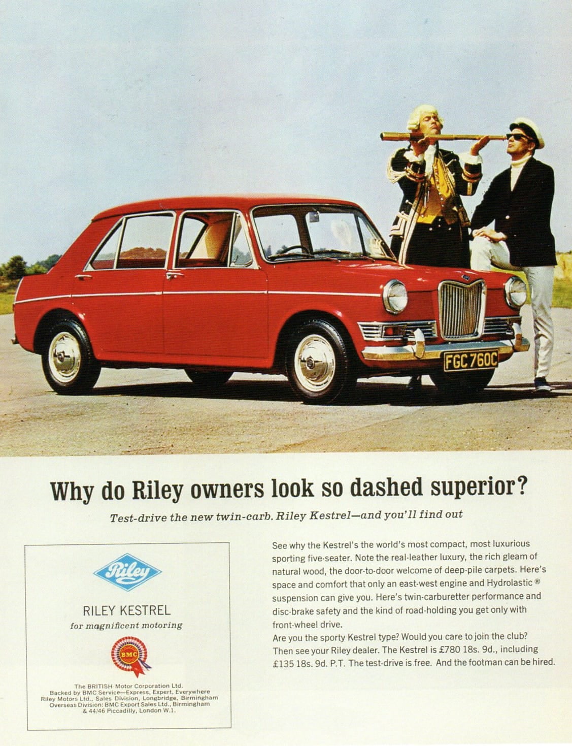 A period magazine advertisement for the Riley Kestrel showing a red car and the slogan asking why Riley owners look so superior