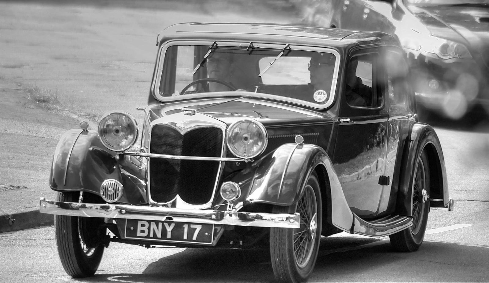 A period black and white photograph of a Riley Kestrel fastback saloon, UK registration BNY 17