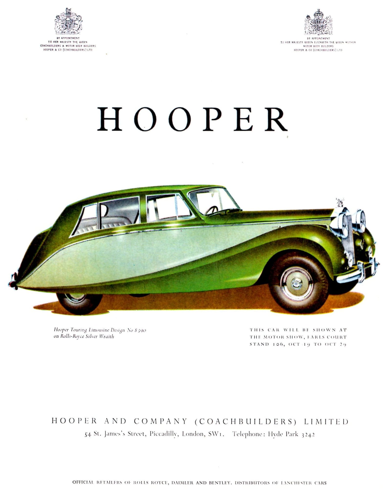 A period Hooper advertisement showing a green Rolls-Royce Silver Wraith