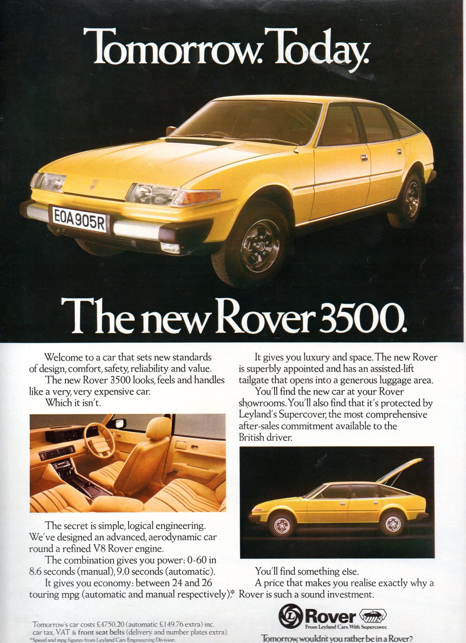 A 1976 Rover 3500 launch advertisement headed Tomorrow. Today., showing the new SD1 in yellow with interior inset photographs