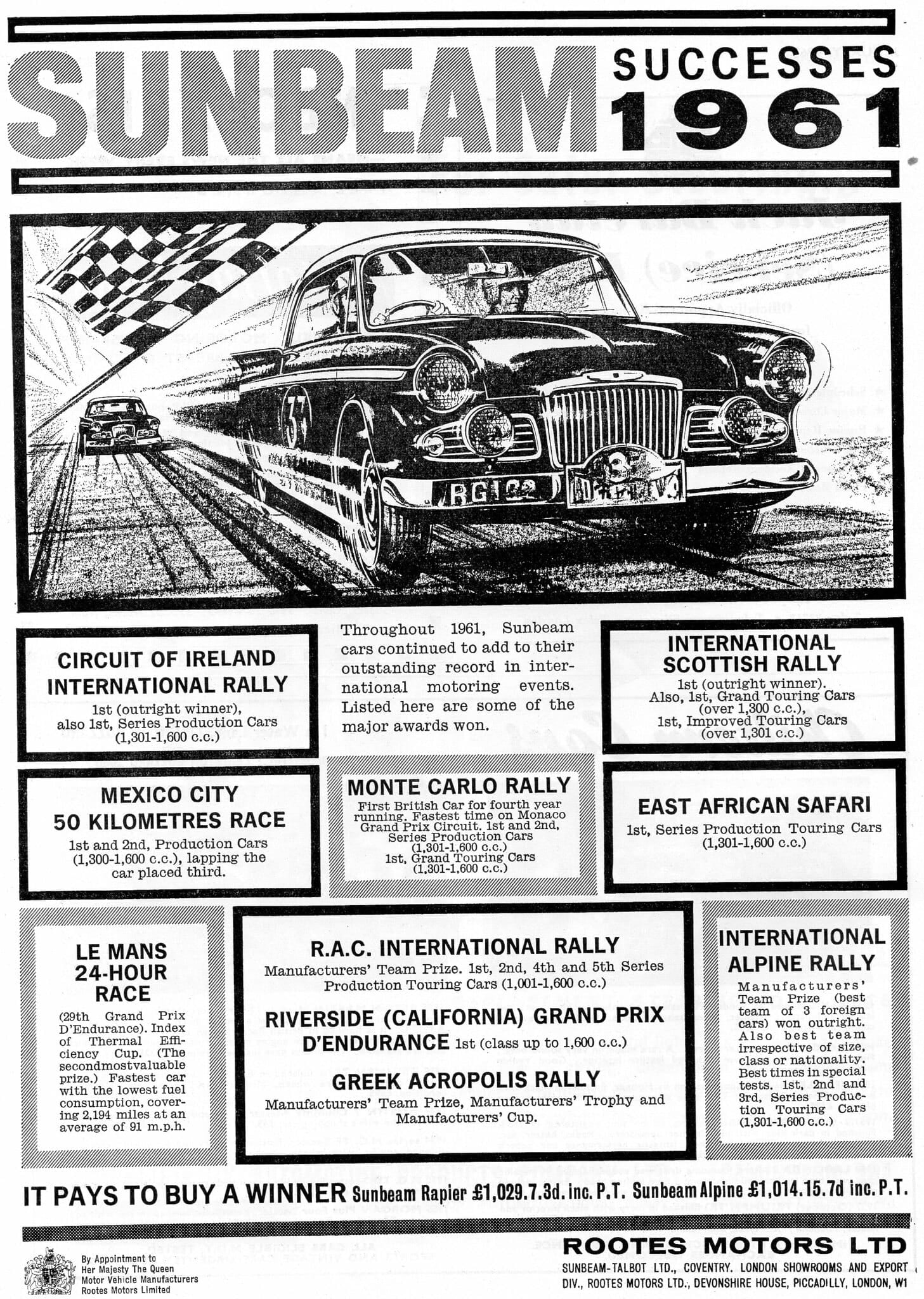 A period Rootes advertisement listing the Sunbeam Rapier's rally successes of 1961