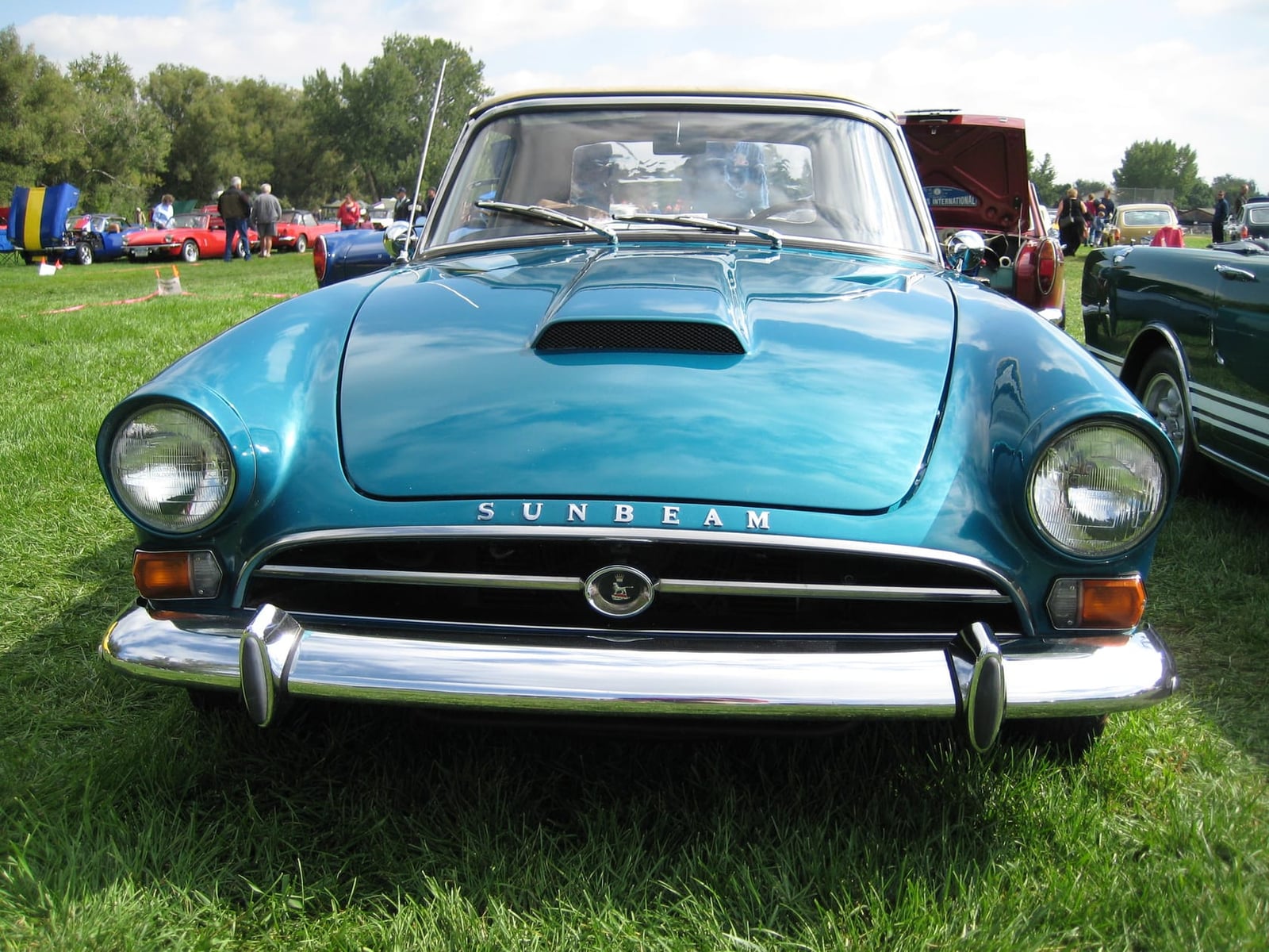 A turquoise Sunbeam Tiger Mk I with bonnet scoop, front view on grass