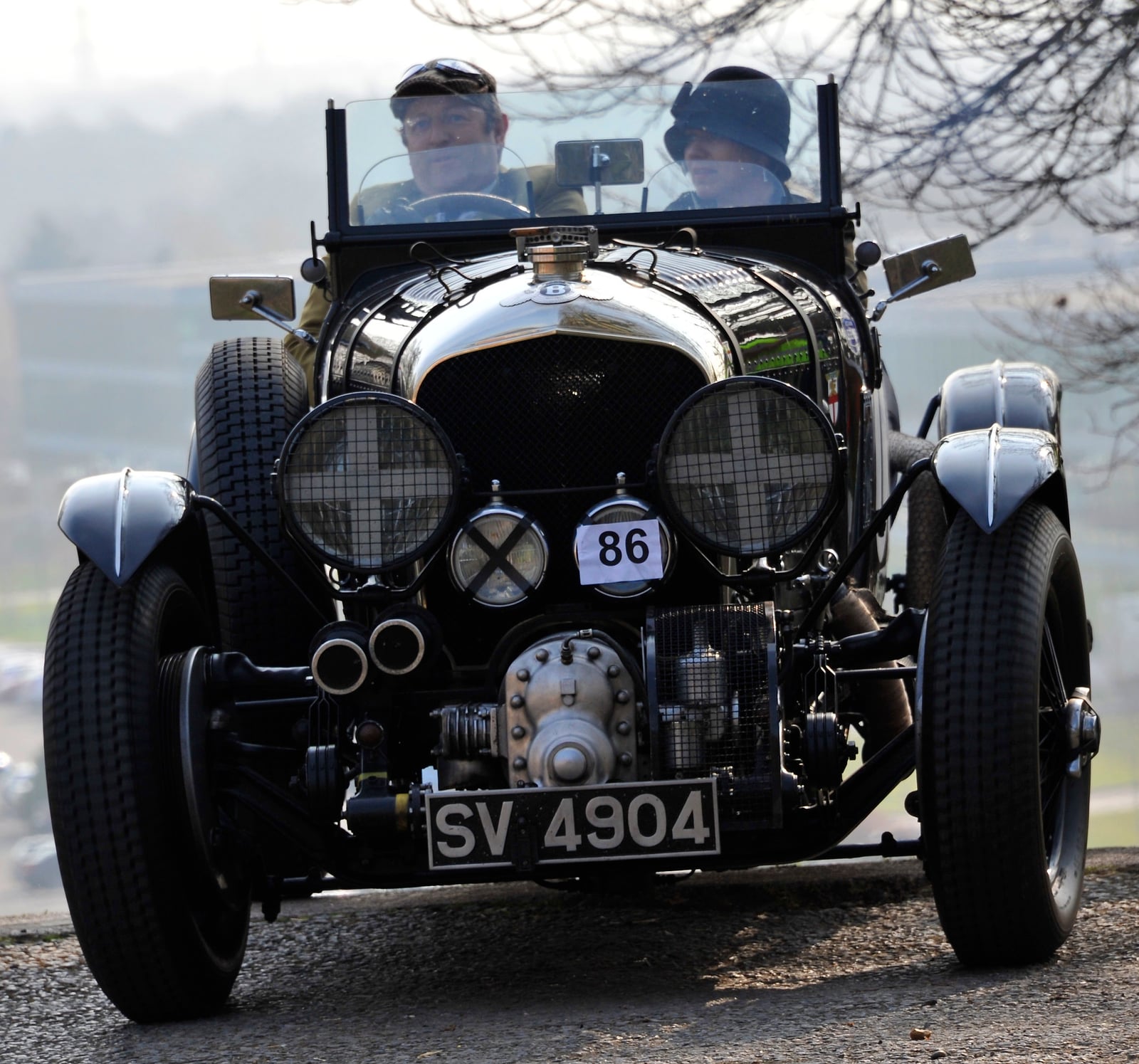 A supercharged Bentley 4.5 Litre Blower at the top of the Brooklands test hill, UK registration SV 4904