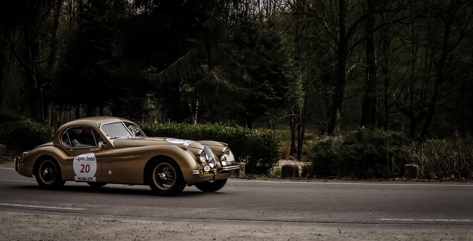 A bronze Jaguar XK120 fixed-head coupe, number 20, on a forest road during a historic rally