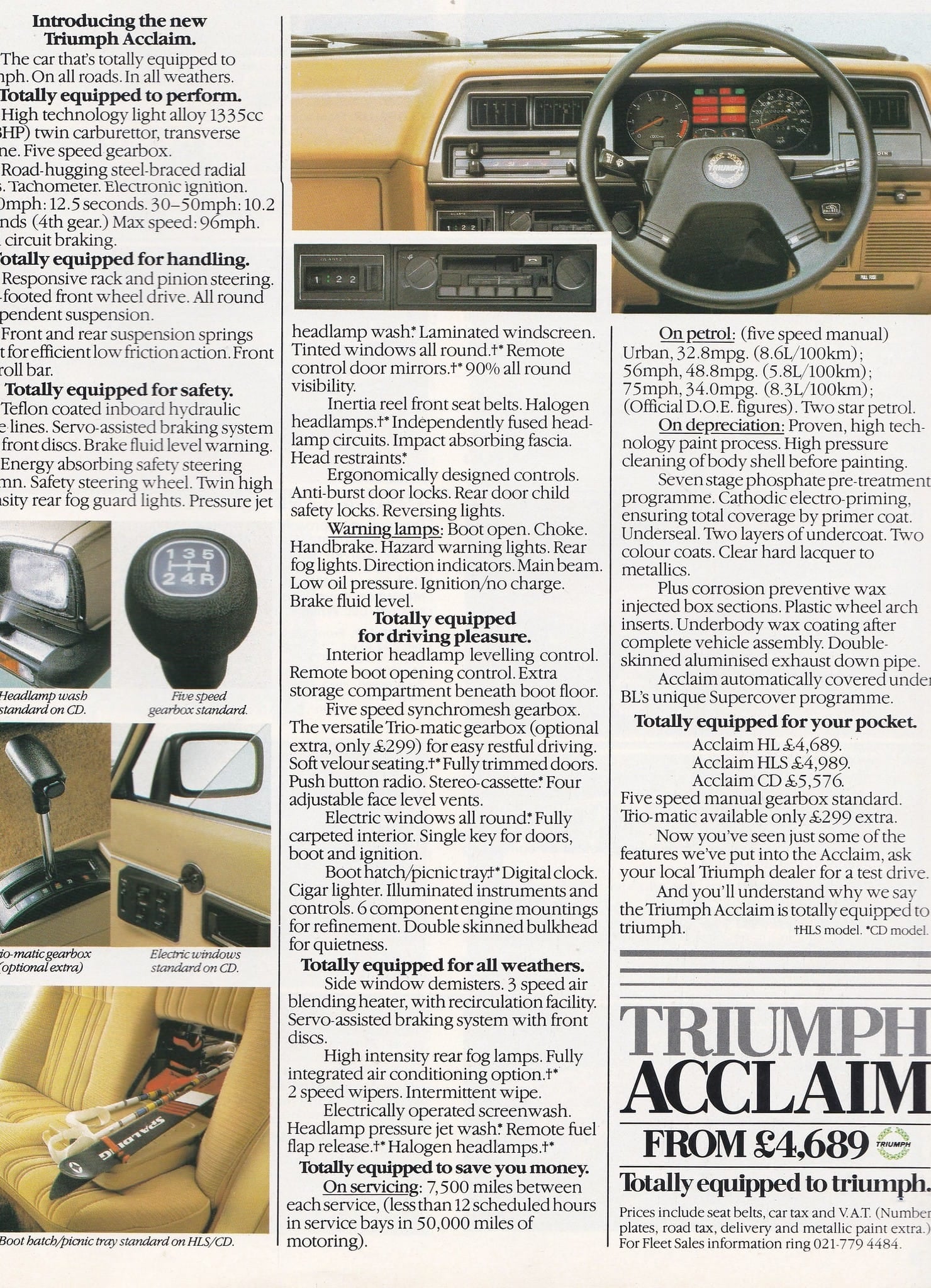 A period magazine advertisement for the Triumph Acclaim, headed Totally Equipped To Triumph, showing interior details and prices from 4,689 pounds