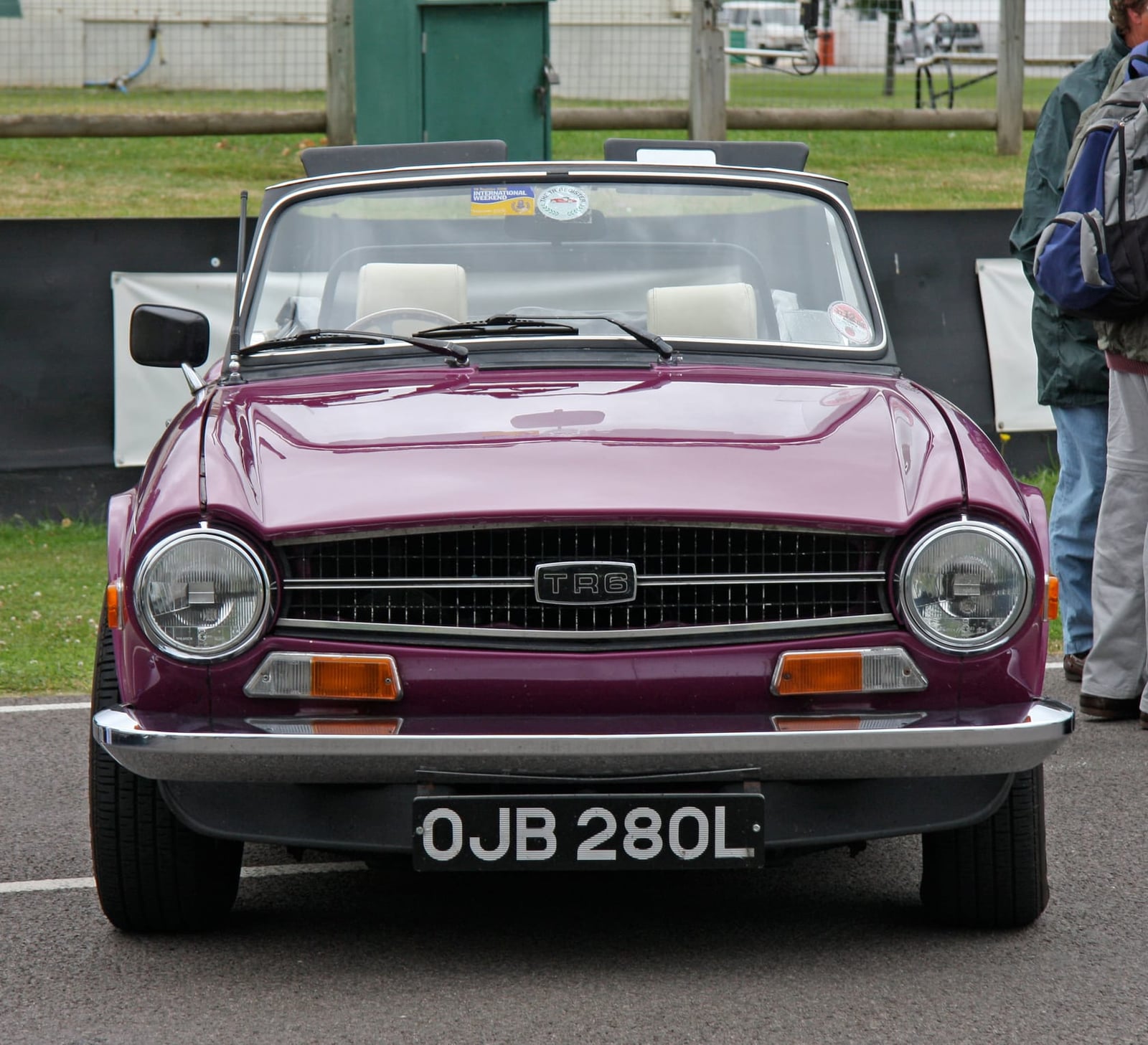 A Magenta-coloured Triumph TR6 with a UK registration, front view, at a show