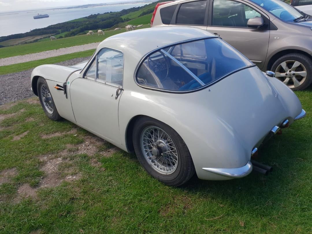 A grey 1959 TVR Grantura Mk 1 rear three-quarter view parked on a hillside