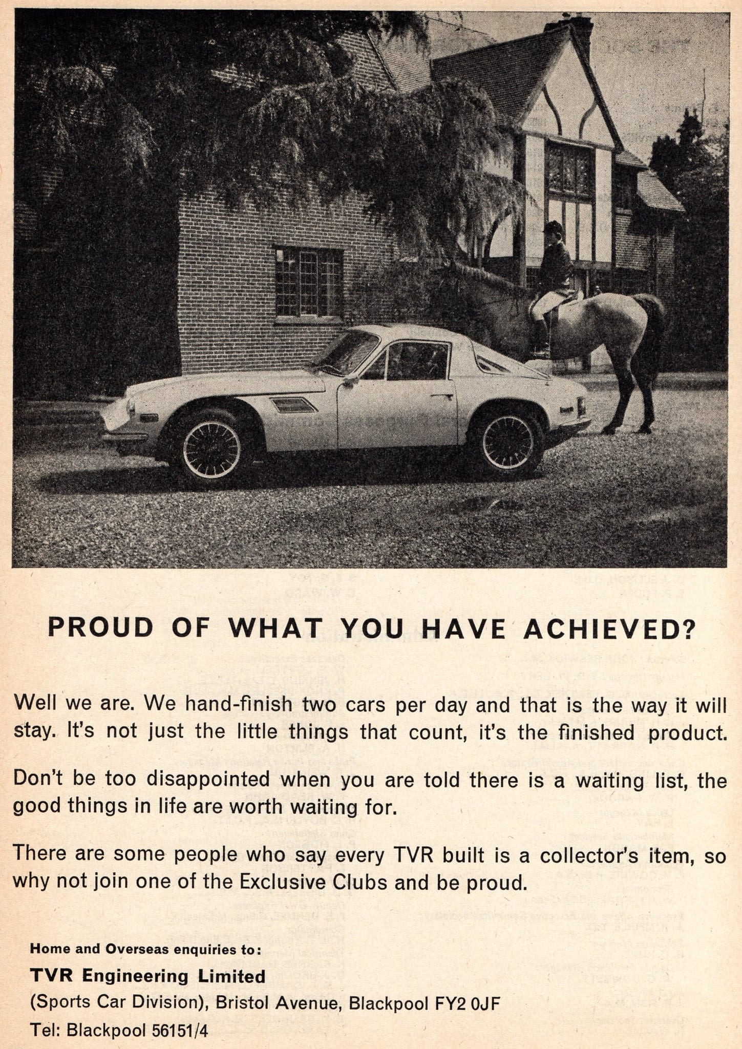 A 1972 period advertisement for the TVR M-series headlined proud of what you have achieved