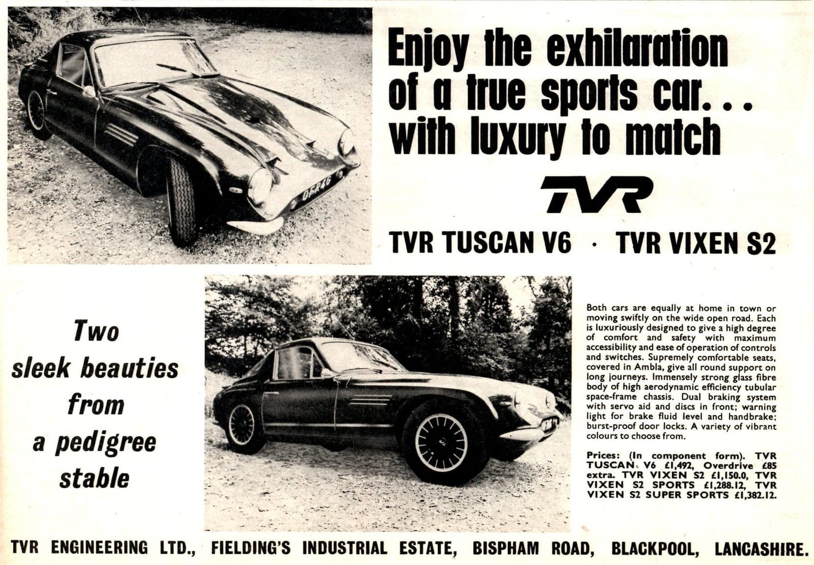A 1969 period advertisement for the TVR Tuscan V6 and Vixen S2, two sleek beauties from a pedigree stable
