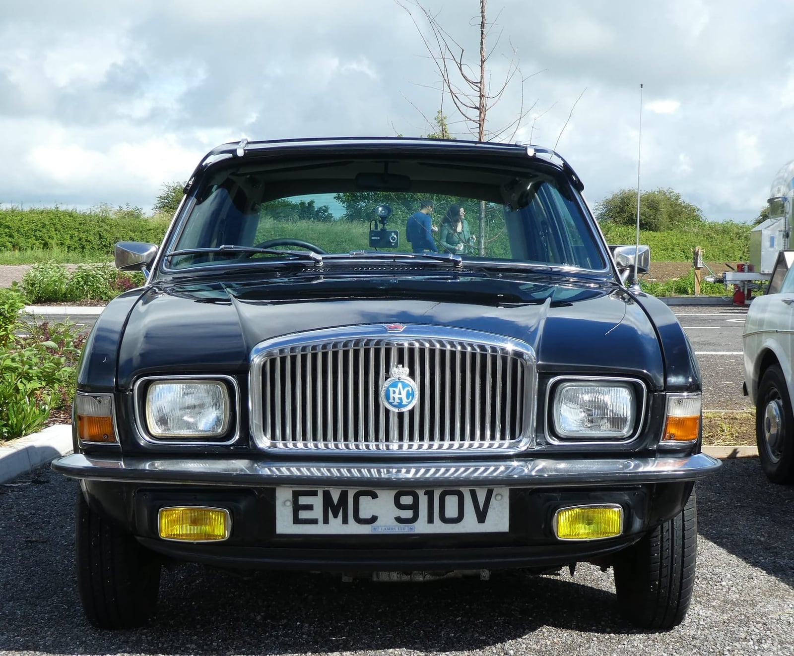 A dark blue 1979 Vanden Plas 1500 with chrome grille, front view, UK registration EMC 910V