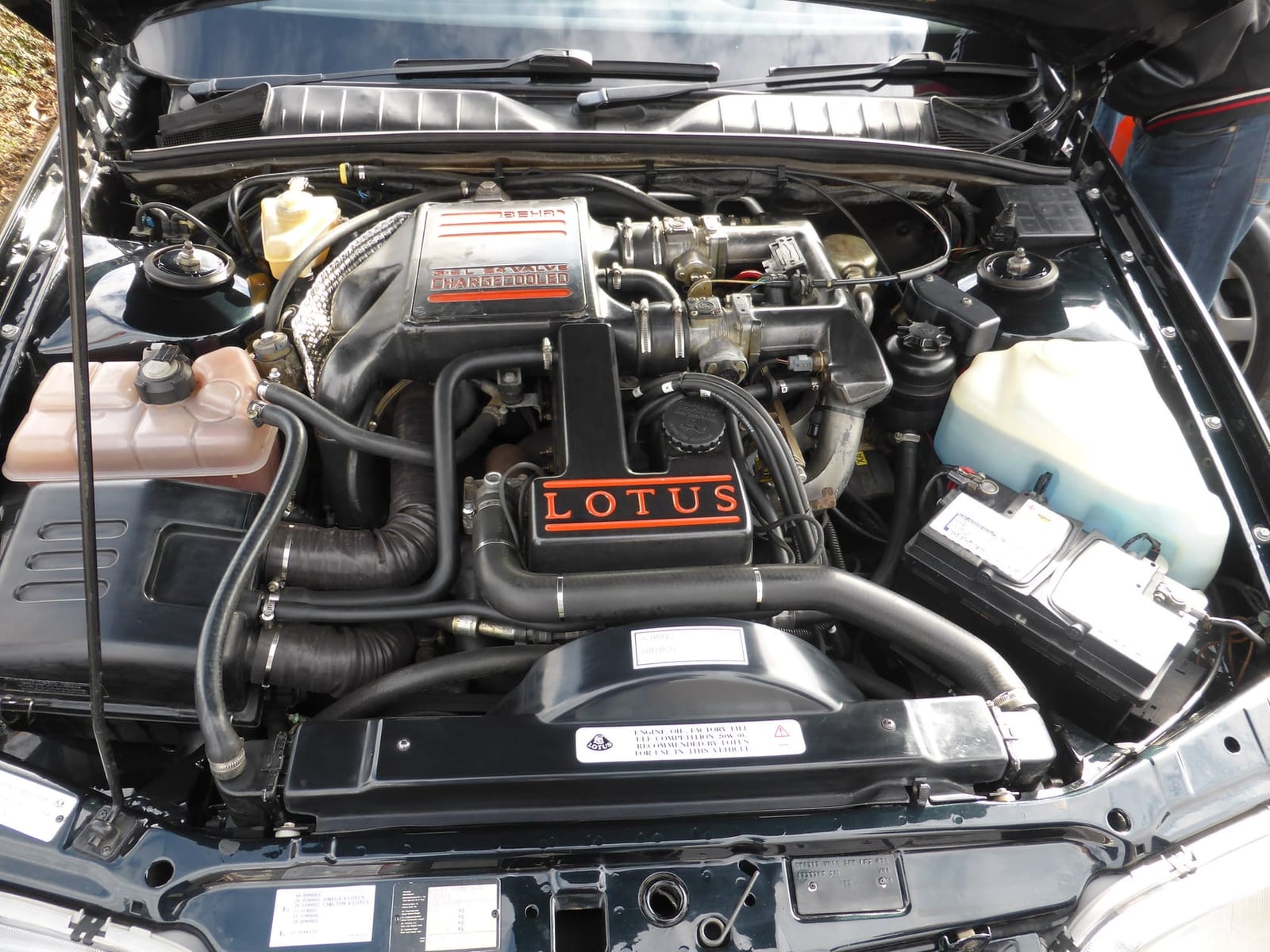 The engine bay of a Lotus Carlton showing the twin-turbocharged straight-six with Lotus plenum