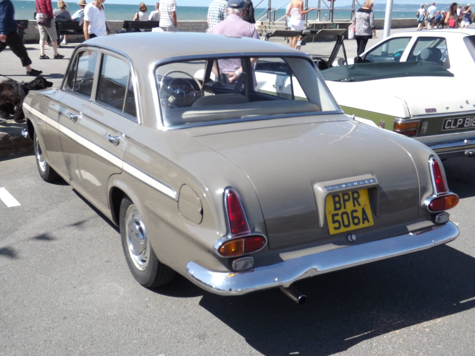 A beige Vauxhall VX4/90 FB parked at a seafront, rear three-quarter view, UK registration BPR 506A