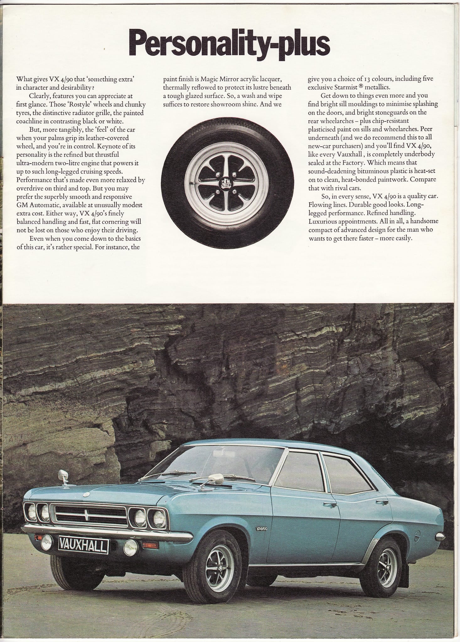 A period Vauxhall brochure page headed Personality-plus showing the VX4/90 and its road wheels