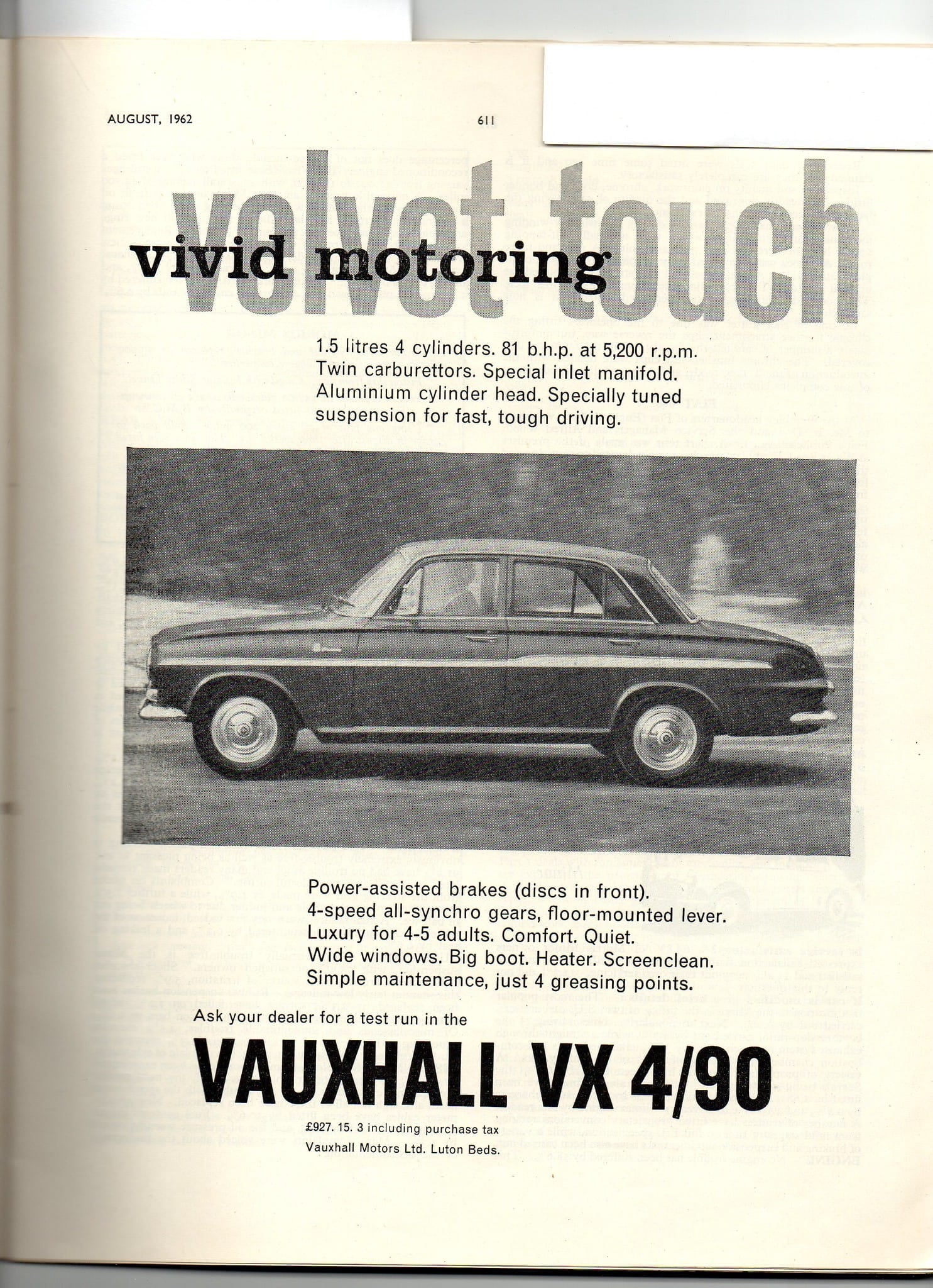 A period magazine advertisement for the Vauxhall VX4/90 headlined velvet touch, vivid motoring