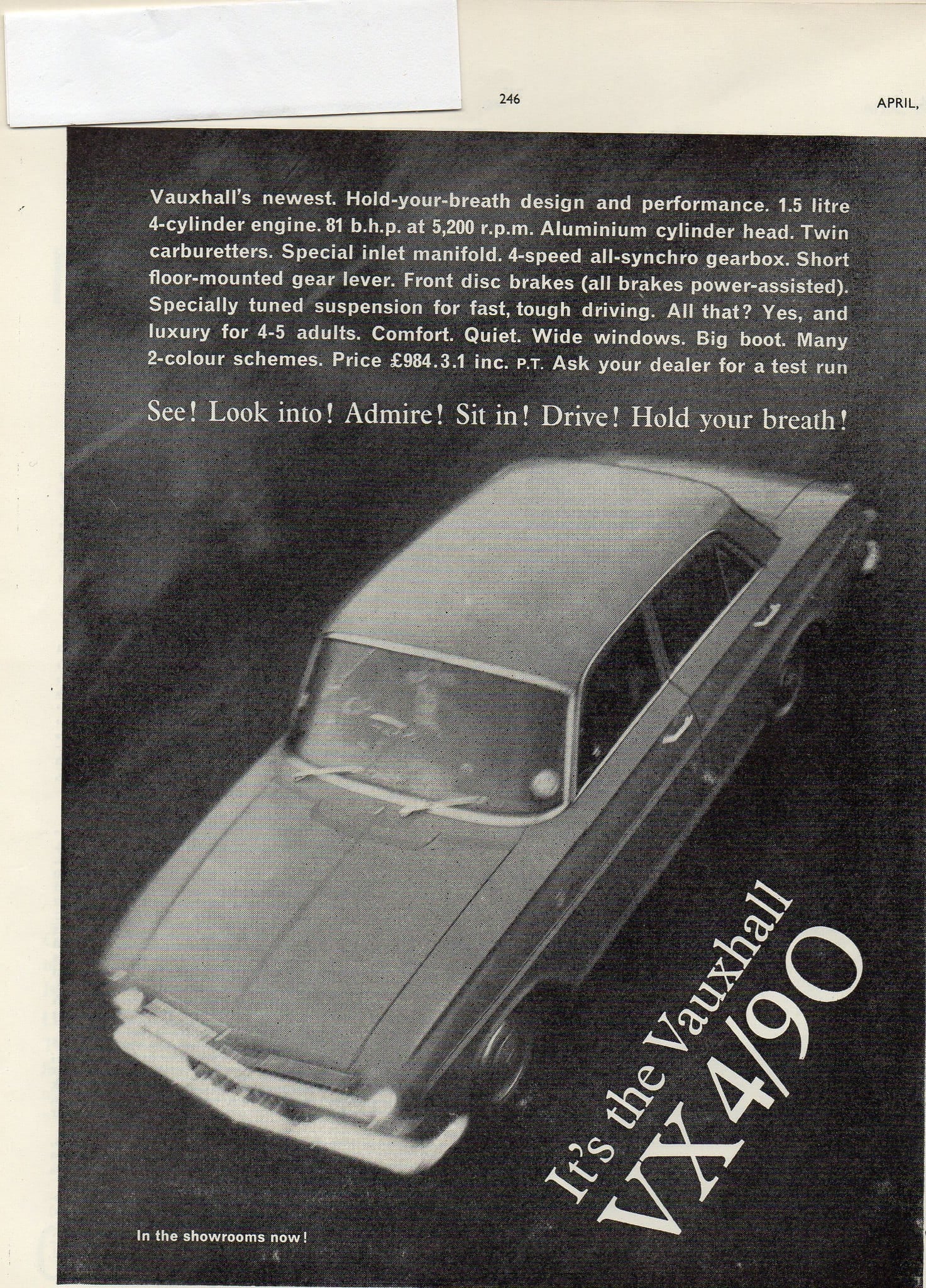 A period black and white advertisement headed It's the Vauxhall VX4/90