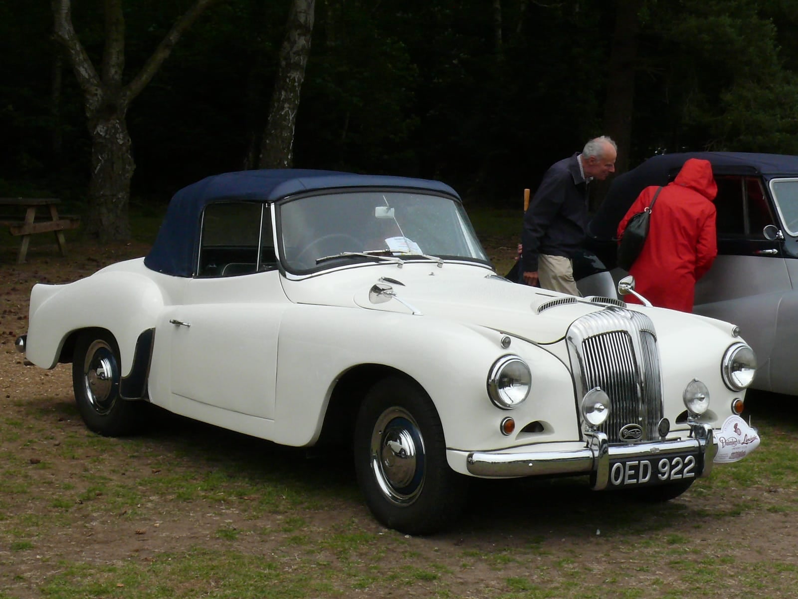 A cream Daimler Conquest Century drophead coupe with dark hood, UK registration OED 922